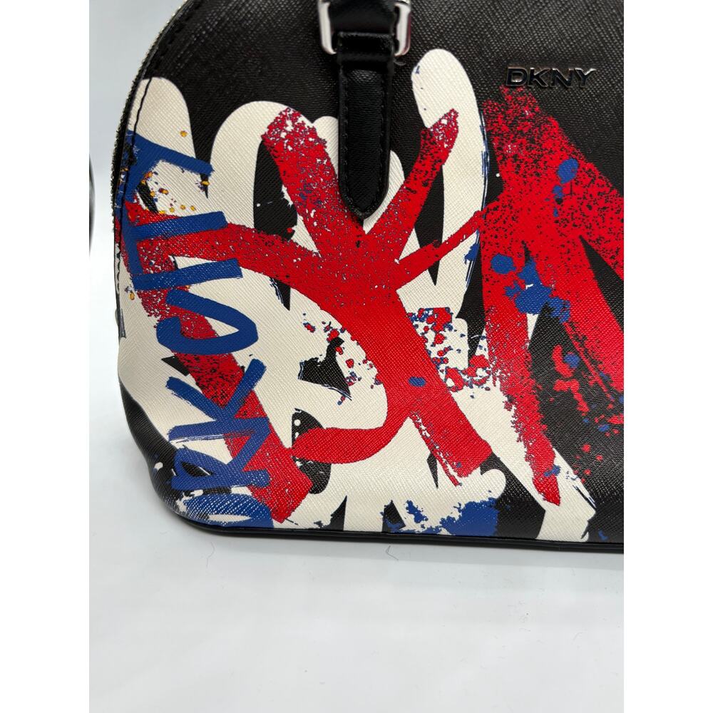 DKNY Graffiti Print Satchel Handbag Black Multicolor Dome Purse Zip - Picture 8 of 10